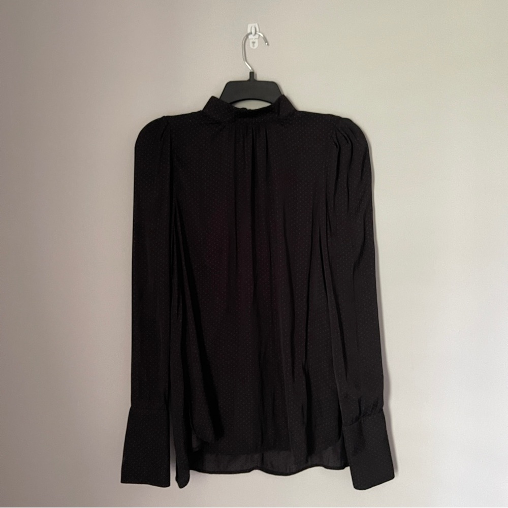 Mock neck long sleeve peek a boo back black blouse